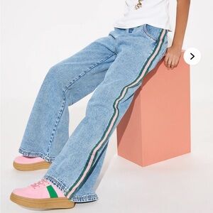 Fashion Nova Light Blue Flare Jeans with Green Stripe